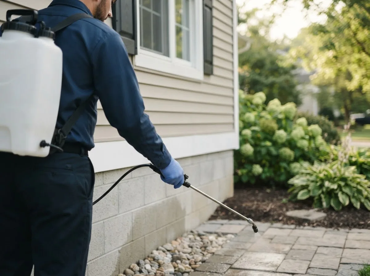 Pest control technician inspecting a home in Maple Springs, NY